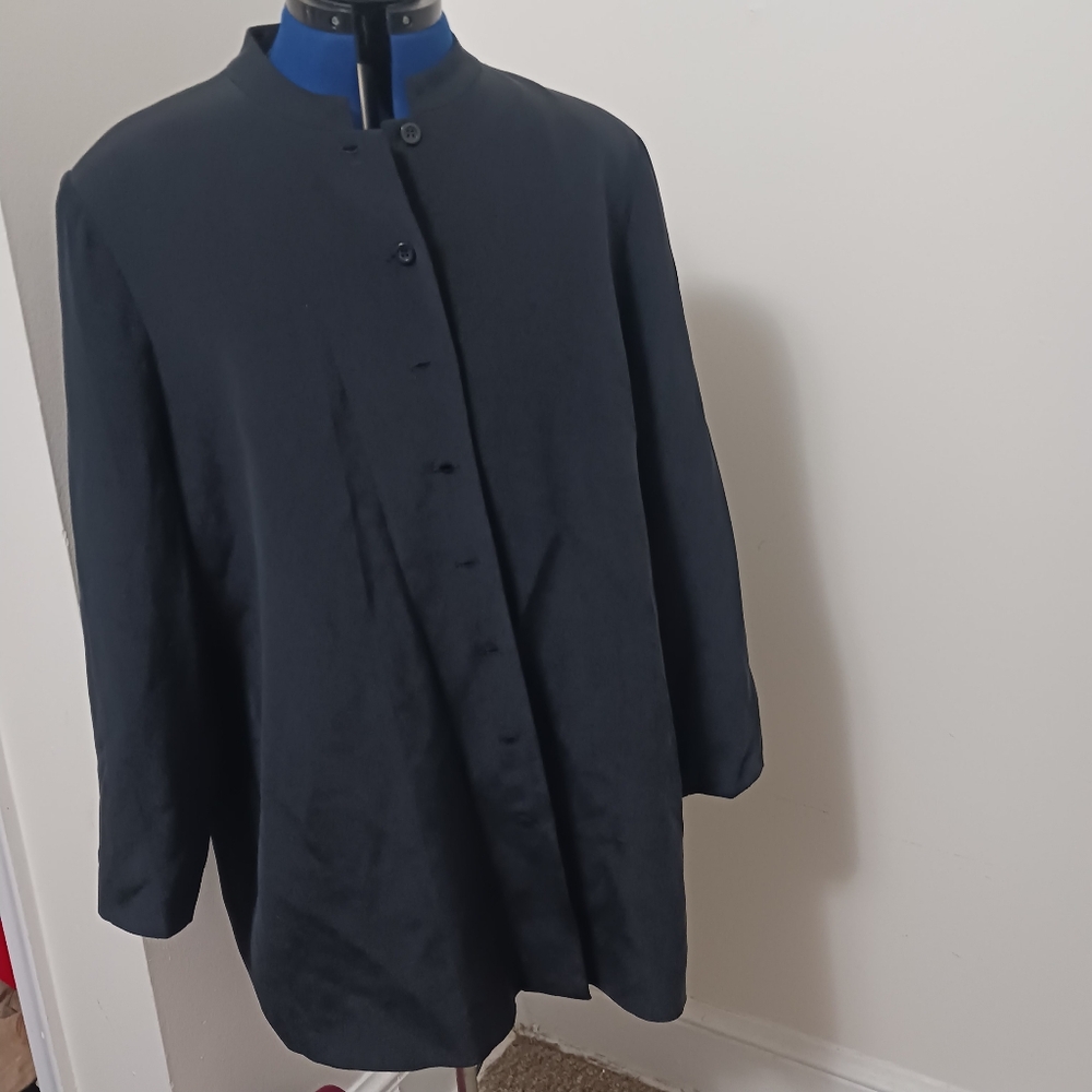 Silk Top 2x Long Line Button Down Black Roomy Mandarin Collar Blazer